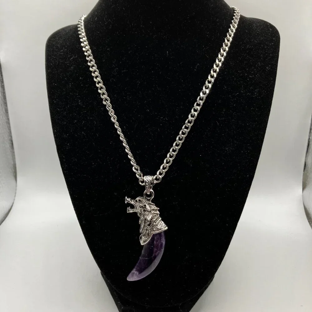 Amethyst Gemstone Tusk AND CHAIN Men's Chunky 20-inch Stainless Steel Chain